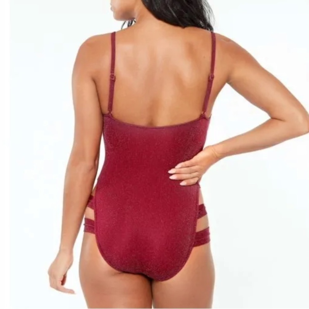 Bar III BLACKBERRY Shimmer Strappy-Leg One-Piece Swimsuit - Picture 3 of 11